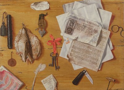Un trampantojo con pájaros, llaves, gafas y partituras de Andrea Domenico Remps